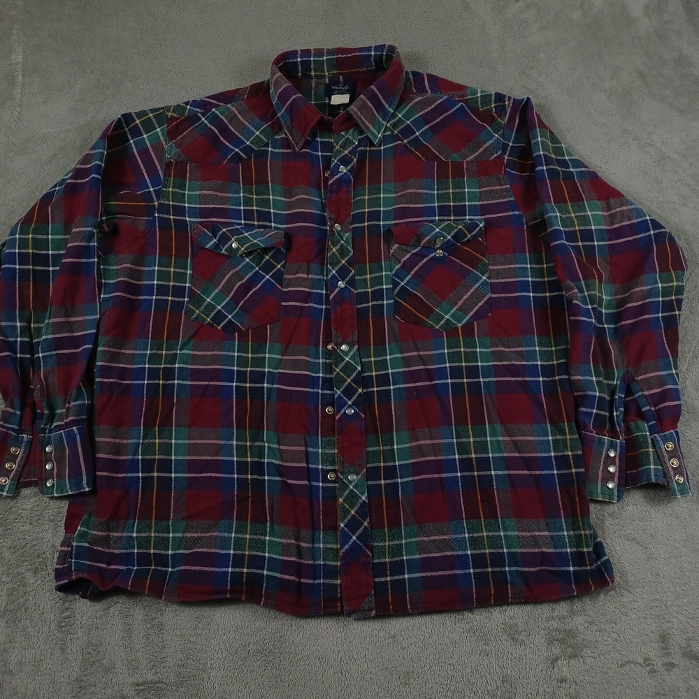 Wrangler Shirt Mens XXL Red Plaid Flannel Pearl Snap Western Vintage‎